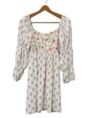 Smith & Quinn Floral Smocked Babydoll Dress White Pink Cottagecore Size Medium